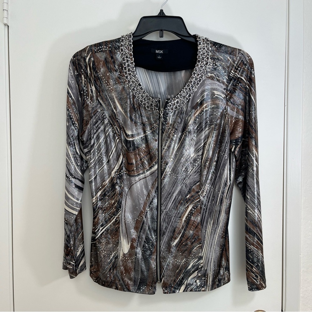 MSK Woman’s Silver Black Abstract Cardigan Jacket Zip Front Large Party Bling